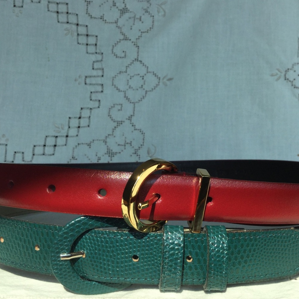 Red and green leather belts